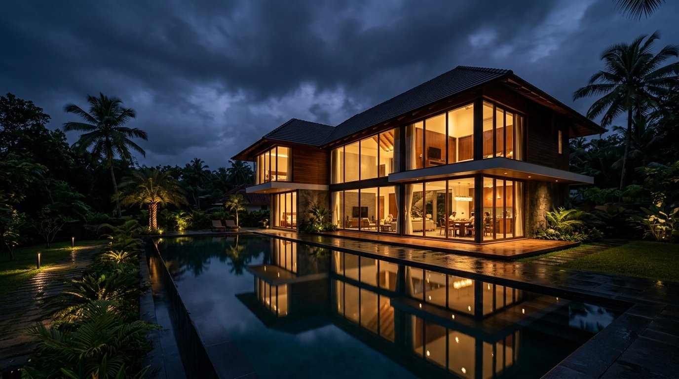 Modern Architectural Villa Night Illumination