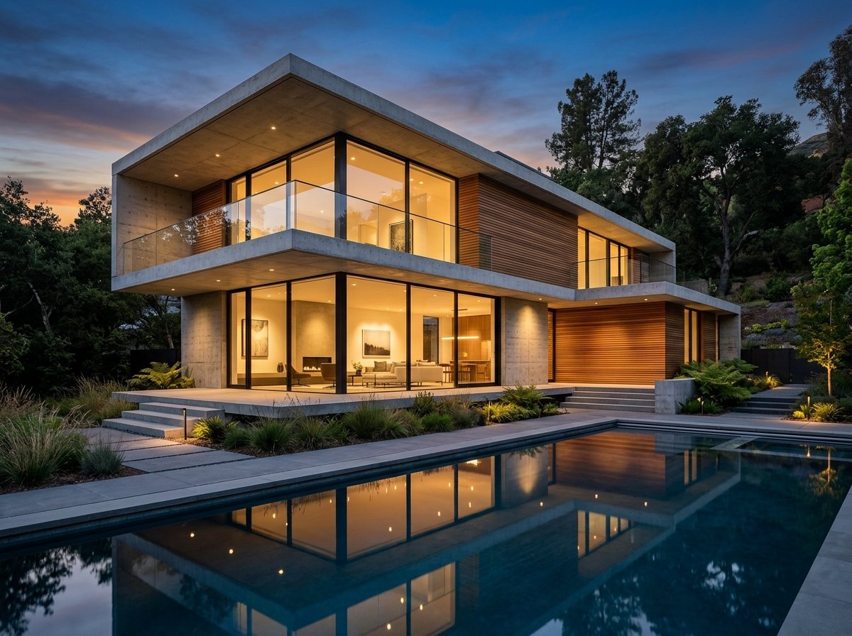 Calista EPC contemporary luxury architectural residence with modern concrete, wood slats, and tranquil reflective pool